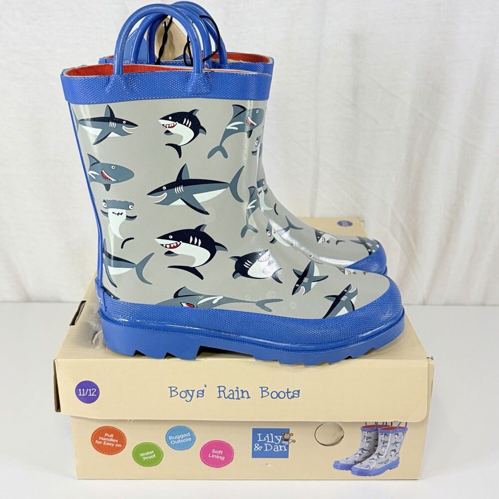 Lily And Dan Boys Water Rain Boots Blue Gray Sharks Size Toddler 11/12